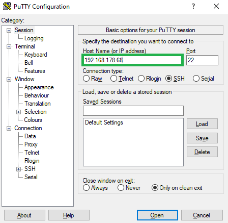 PuTTY Benutzeroberfläche